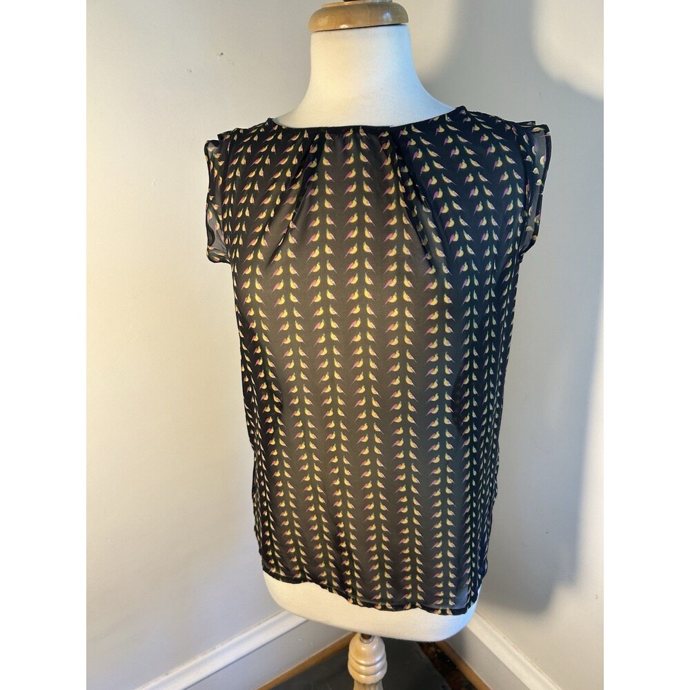 “S.M Wardrobe” black w/ BIRDS partridge Print Sheer Top M/L Sleeveless / Cap Y2K